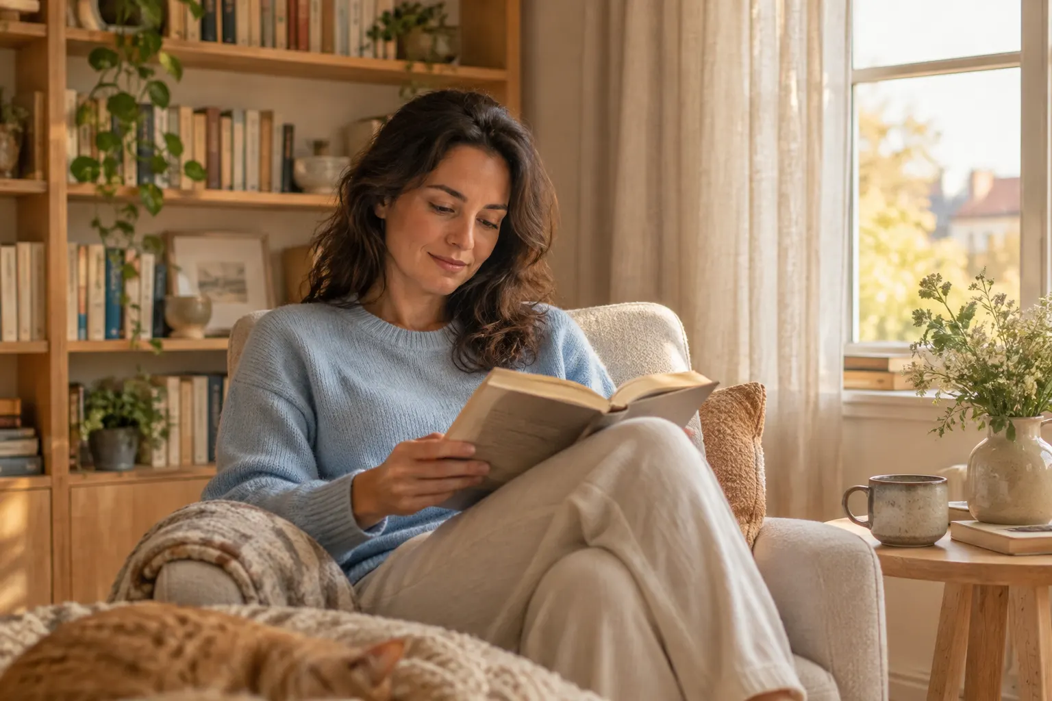 Eine Frau sitzt in einem Sessel vor einem Bücherregal und liest konzentriert in einem Buch.